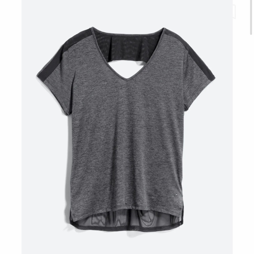 Women's Gray Short Sleeve V-Neck Top with Sheer Back